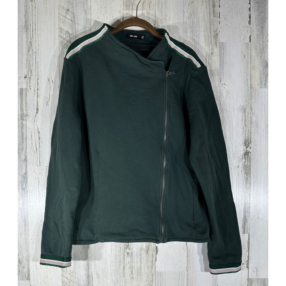 Saint + Sofia Moto Fleece Jacket Size 14 Green Organic Cotton Metallic Trim
